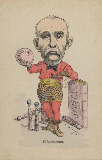 Caricatures sur la politique intérieure de Clemenceau : l'adepte du Socialisme (vue 1), le tombeur de Ministères (vues 2 et 3).